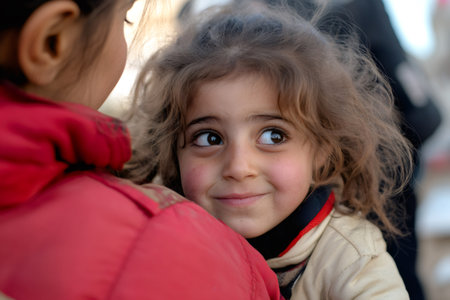 Young girl with curly hair looking up, smiling while being comforted by an aid worker. Resilience and hopeの素材