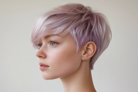 Woman in profile showcasing modern pixie haircut with pastel lavender and silver highlights. Emphasizing beauty and hair stylingの素材