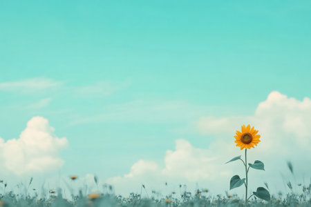 Bright sunflower blooming alone in a serene, vast field under a tranquil turquoise sky, symbolizing individuality and hopeの素材