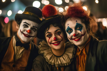 Three individuals posing for the camera, happily showing off their creative clown makeup and theatrical costumes at an eventの素材
