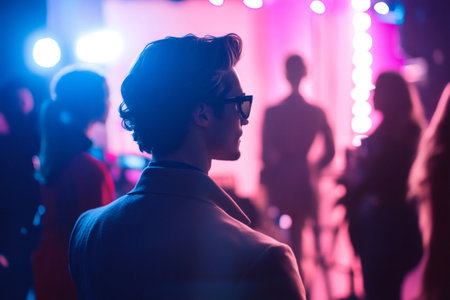 Stylish man in sunglasses observing an event, standing amidst a crowd with vibrant pink and blue lightingの素材