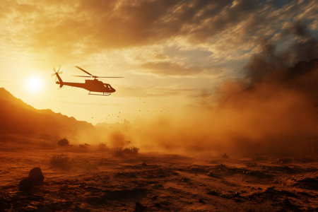 Helicopter moving across a barren desert landscape during sunset, blades stirring up vast amounts of dust and sandの素材