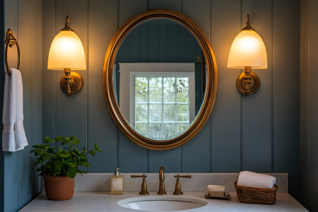 Elegant bathroom interior featuring a classic oval mirror, brass sconces illuminating a white marble vanity, and a refreshing green plantの素材