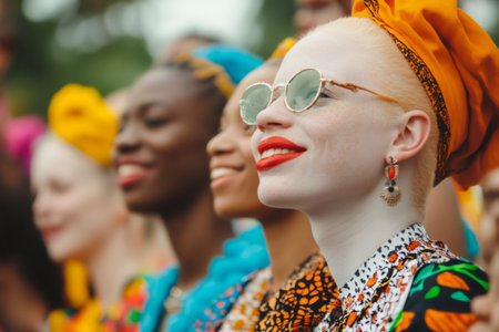 Group of diverse women including person with albinism smiling, representing inclusion and celebrating individuality togetherの素材