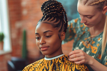 Young woman receiving professional hair styling service, expert hands creating beautiful box braids and cornrows with a styled updoの素材