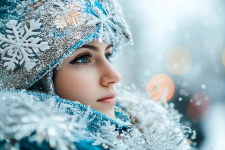 Young woman portraying a snow queen, featuring intricate blue and silver costume with snowflakes and sparkling glitterの素材