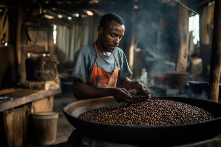 Man roasting fresh coffee beans by hand in a large pan, a traditional method generating aromatic smoke in a rustic settingの素材