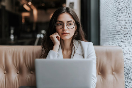 Young woman working remotely in a cafe, sitting on a couch and contemplating with her hand on her chinの素材