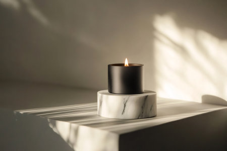 Black candle burning on a white marble pedestal. Sunlight streaming, casting shadows, creating a serene and luxurious atmosphereの素材