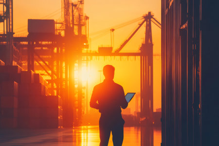 Man in silhouette holding a digital tablet, overseeing container terminal operations at sunset, symbolizing global trade and technologyの素材