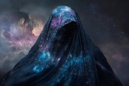 Abstract figure draped in dark fabric resembling a vibrant galaxy and nebulae, evoking concepts of the universe and deep space mysteryの素材