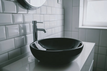 Stylish bathroom interior featuring a black vessel sink, chrome faucet, and white subway tiles, creating a clean and contemporary spaceの素材