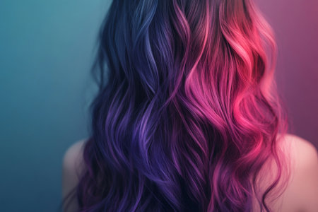 Woman's back showing long wavy hair with a striking purple to pink ombre color gradient, symbolizing beauty and styleの素材