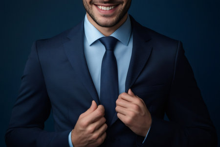 Confident businessman wearing a classic suit and tie, smiling and adjusting his jacket, portraying success and professionalismの素材
