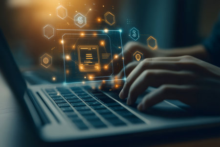 Human hands interacting with a laptop, managing finances, savings, and investments through a secure digital banking interfaceの素材