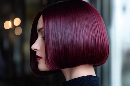 Woman showing a stylish short bob haircut with vibrant, glossy burgundy hair. Concept of hair care and fashionの素材