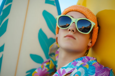 Young person wearing a colorful shirt, beanie, and sunglasses with a desert road and mountains reflecting in the lensesの素材