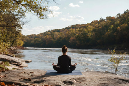 Woman finding calm and peace, practicing yoga meditation outdoors on a mat by a flowing river in a natural settingの素材