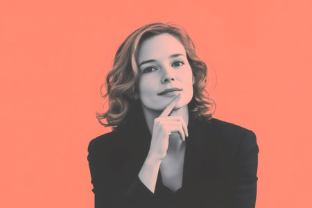 Thoughtful businesswoman planning strategy against a vibrant background, symbolizing innovation and focused concentrationの素材