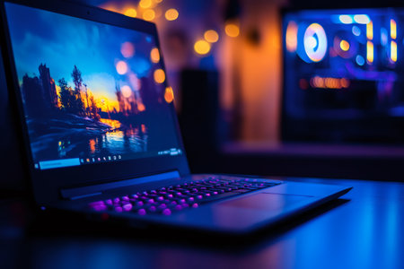 Gaming laptop with glowing keyboard showing a colorful sunset landscape on screen in a cyber environment with bokeh lightsの素材