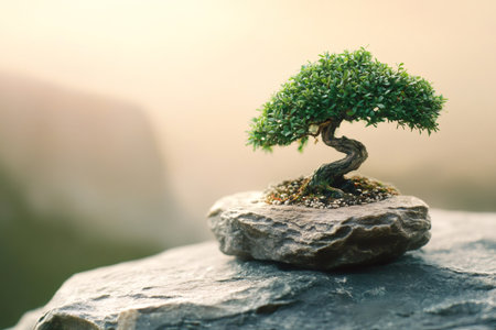 Miniature bonsai tree on a natural stone, representing life, growth, and serene beauty in a minimalist settingの素材