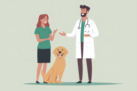 Veterinarian discussing pet health with a woman and her dog, emphasizing responsible ownership during a check upの素材