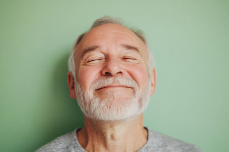 Happy older man with a white beard and gray hair, expressing joy and peacefulness against a mint green backgroundの素材
