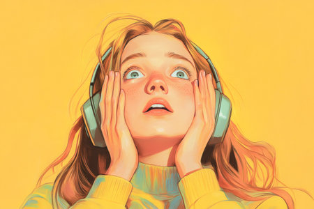 Young woman expressing surprise and wonder, hands on cheeks, looking upwards with wide eyes against solid yellow backgroundの素材