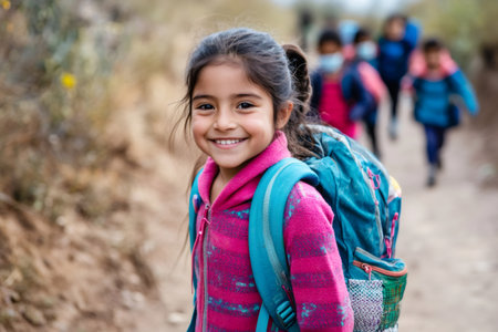 Young girl with a backpack smiling, walking on a dirt path with other children in the background going to schoolの素材