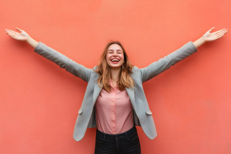 Happy young professional woman extending arms wide, celebrating freedom and success against a vibrant coral wallの素材