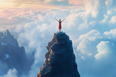 Woman in red dress raising arms on mountain peak, surrounded by clouds, symbolizing triumph and freedomの素材
