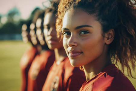 Young woman smiling while leading her diverse female soccer team on a green field, showing leadership and determinationの素材