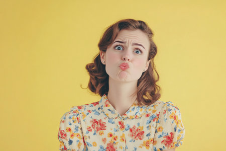 Young woman creating a humorous, expressive face. Her eyes are wide and mouth is pursed, showing playful surprise or a silly moodの素材