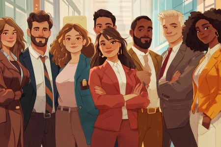 Group of diverse business people standing together in an office setting, representing teamwork, collaboration and corporate successの素材