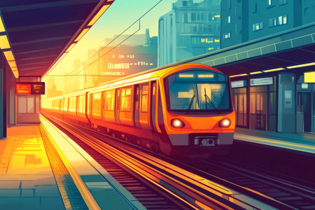 Subway train arriving at an urban station platform during sunset. City buildings in the background. Public transport conceptの素材
