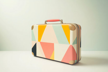 Stylized luggage with a vibrant geometric pattern, evoking nostalgia and excitement for holidays and packing experiencesの素材