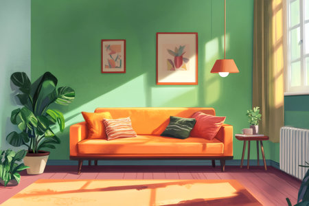 Vibrant living room featuring an orange sofa, green walls, potted plants, framed art, and warm sunlit cornersの素材