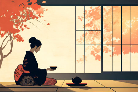 Japanese woman kneeling, holding a tea bowl during a traditional ceremony. Shoji screens and autumn maple leaves in backgroundの素材
