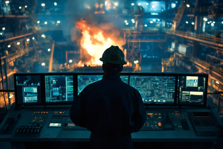 Worker in hard hat observing control panel screens showing plant data with large flare stack burning in the backgroundの素材