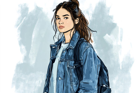 Young woman wearing a denim jacket and backpack, embodying urban youth fashion and student commuting styleの素材