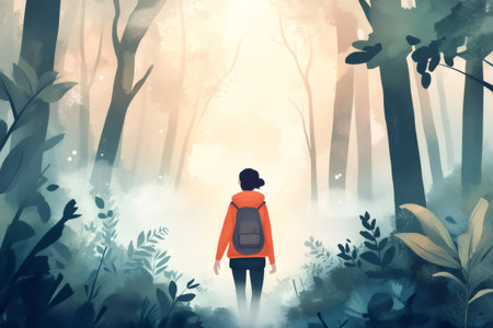 Solo traveler with backpack walking on a path, exploring a serene and hazy woodland landscape. Finding the wayの素材