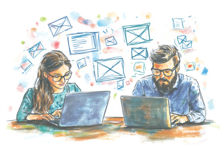 Two professionals working on laptops, sending emails and developing online content. Creative concept for digital advertisingの素材