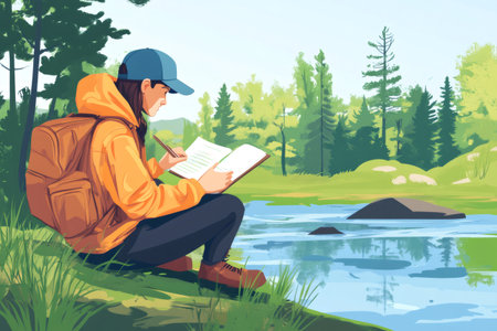 Student observing environment, taking notes in a notebook by an outdoor water body, wearing a backpack and capの素材