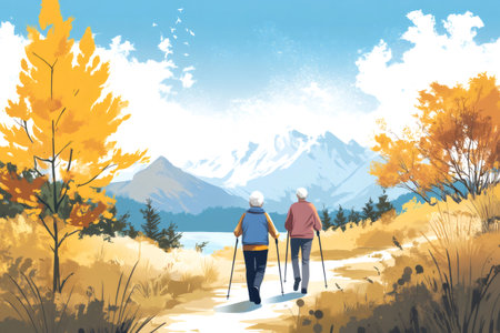 Elderly couple enjoying an active lifestyle, trekking through a scenic autumn mountain landscape with vibrant colorful trees and a lakeの素材