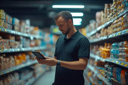 Retail manager checking stock levels and store inventory in a busy supermarket aisle, optimizing supply chainの素材