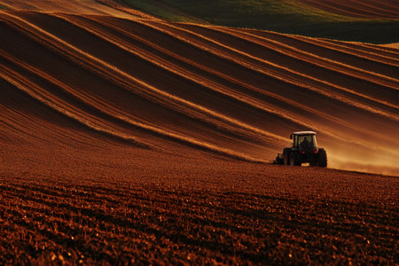 Tractor soil working on rural farmland, creating distinct patterns on the rolling hills. Sunset light illuminating the sceneの素材