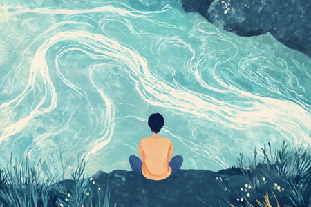 Person sitting peacefully by a flowing river in nature, engaging in meditation and finding inner calm and well beingの素材