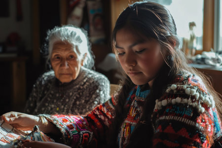 Young Indigenous woman learning traditional beadwork from an elder, preserving cultural heritage and family traditionsの素材