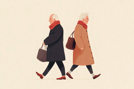 Elderly man and woman walk back to back in opposite directions, each carrying bagsindependent seniors moving forward with smilesの素材