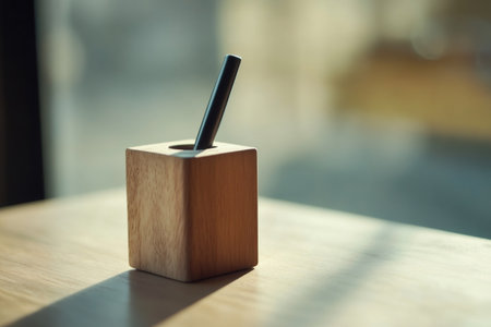 Minimalist wooden pen holder holding a single black pen, sitting on a light wooden desk bathed in natural sunlightの素材